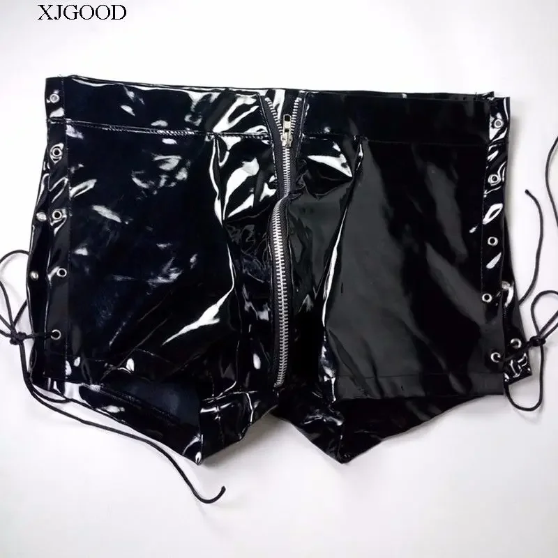 

Men's Leather Pants, Tethered Zipper Skinny Leather Shorts, Breathable