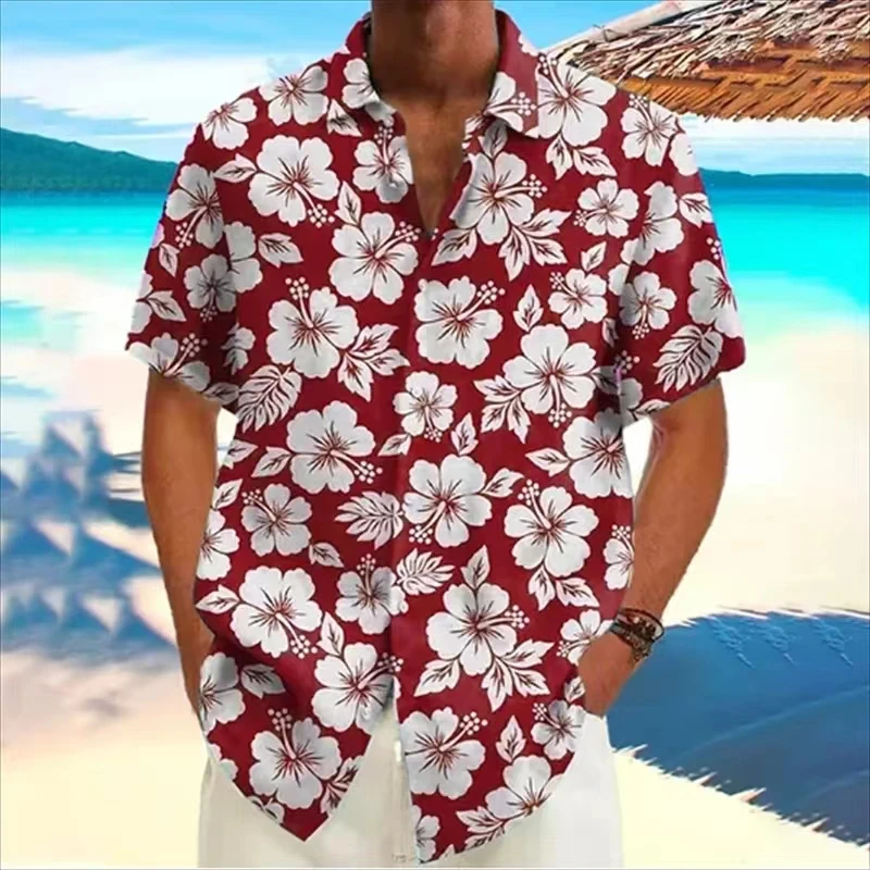 Men\'s Summer Hawaiian Shirt Casual Shirt Beach Oversized 6XL Short Sleeve Floral Print Lapel Button Down Resort Shirt