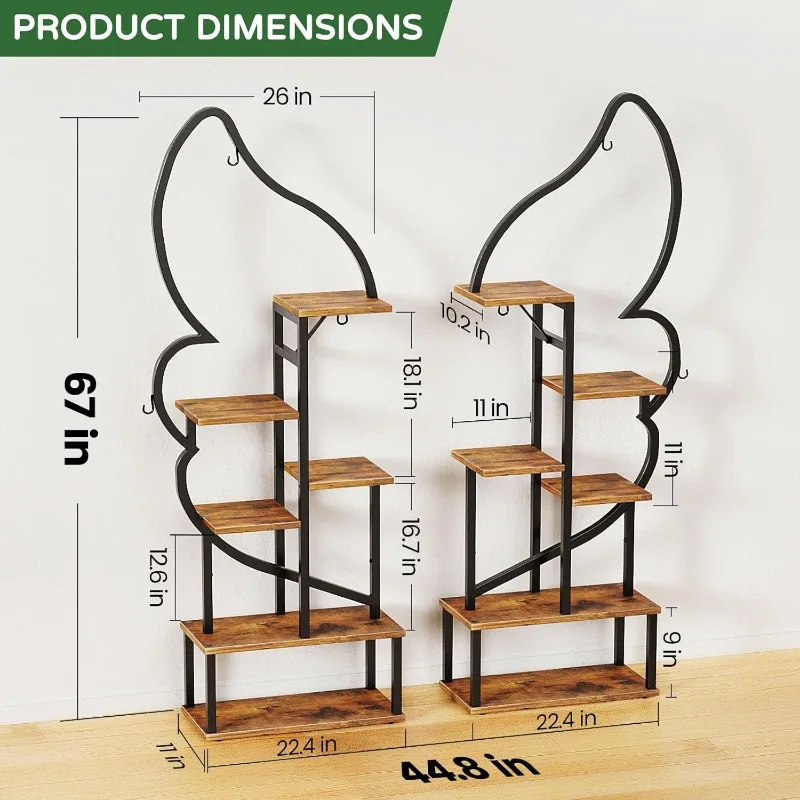 6 Tier Plant Stand, Tall Metal Plant Stand with 6 Plant Hooks & 12 Boards, Large Ladder Shelf with Adjustable Feet，2 Pack