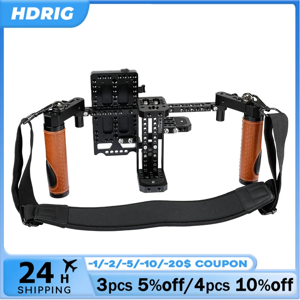 HDRIG Camera Director’s Monitor Cage Rig with Handle Grips Neck Strap V-lock Power Supply Splitter for 5‘’ 7‘’ Monitor