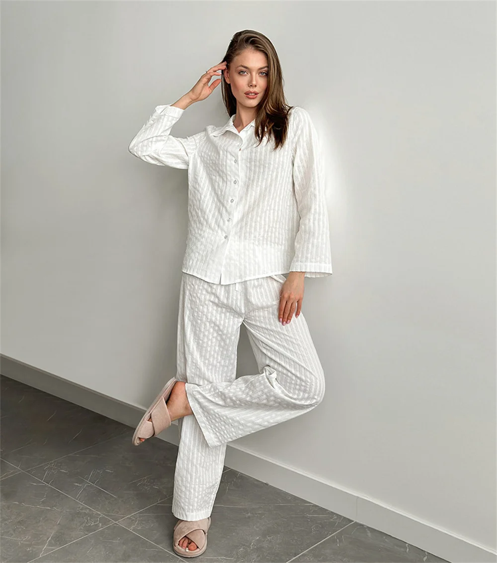 100% Cotton Cardigan Pants Pajama Set 2025 New Style Lapel Long Sleeved Long Pants Pajama Women's Casual Set