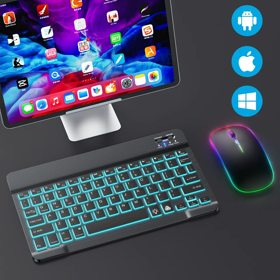 Mouse Keyboard Nirkabel Bluetooth dengan Lampu Latar Baru untuk iPad Xiaomi Samsung untuk Ponsel Tablet IOS Android Windows Keyboard Multibahasa