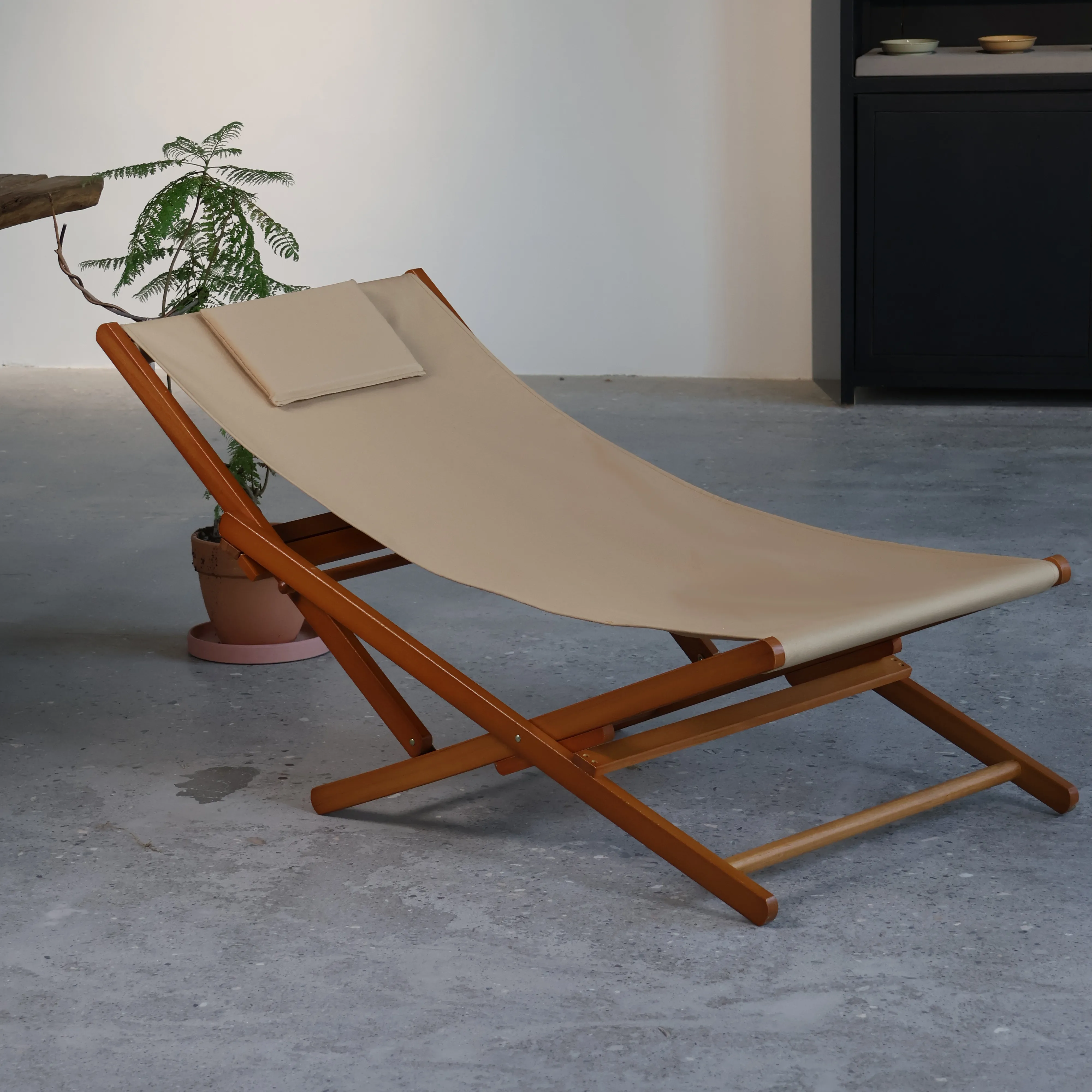 Solid wood free recliner Double layer Oxford cloth recliner Beach balcony Leisure lunch break