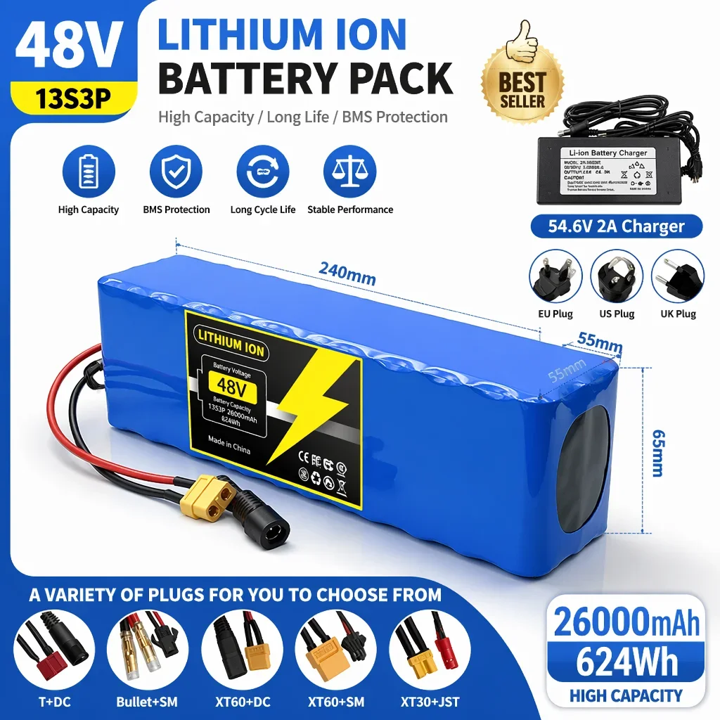 E-bike Battery 48v 120Ah 18650 Lithium Ion Battery Pack 13S3P eBike Conversion Kit Bafang 1000w and 54.6V 2A Charger
