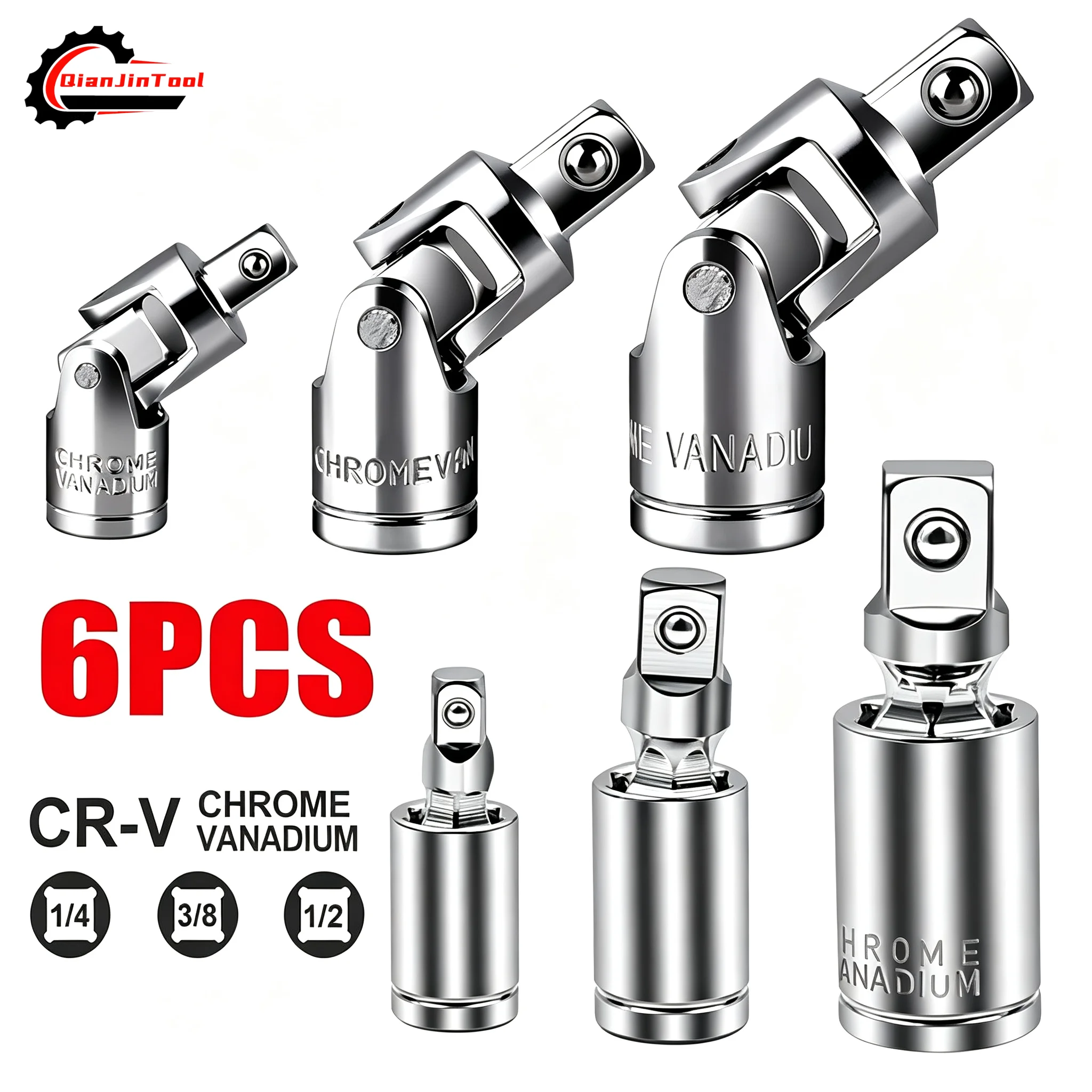 3/6Pcs Universal Joint Socket Set 360° Swivel Ratchet Angle Extension Bar 1/2'' 3/8'' 1/4'' Socket Adapter Wrench Sleeve Tool