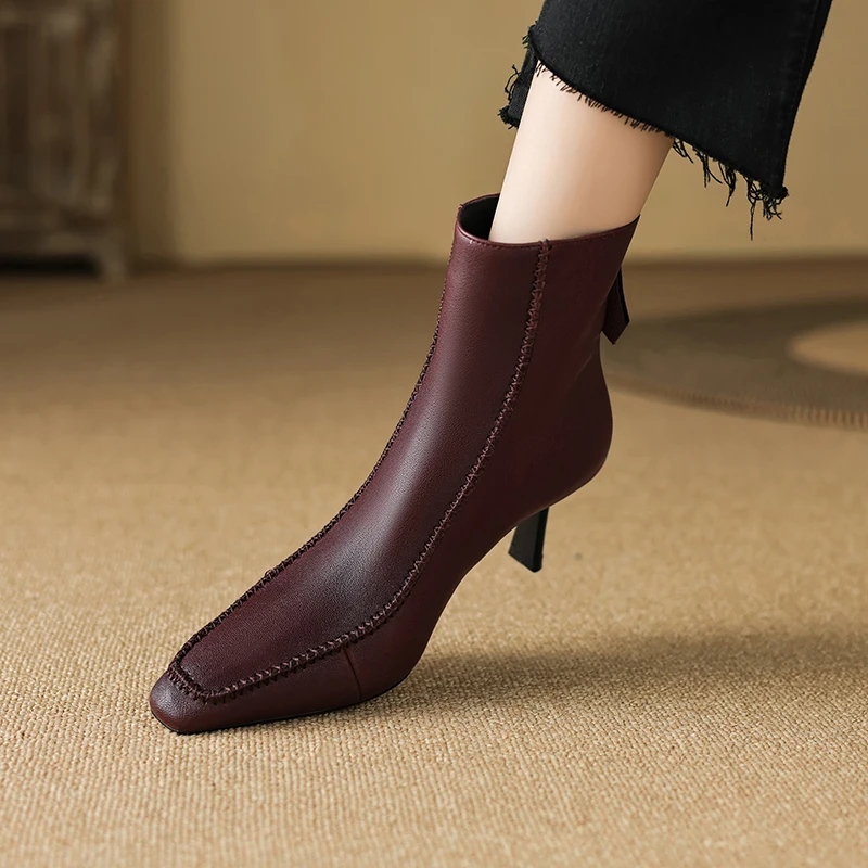 

Woman Ankle Boots Elegant Women's Winter Boots Square Toe Dress Shoes Ladies Sheepskin Shoes On Heel French Style Simple Botas