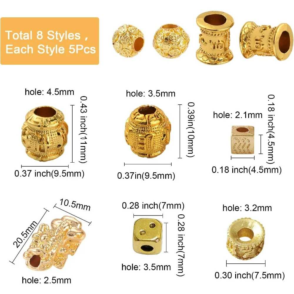 1 Box 40Pcs 8 Styles Pixiu Beads Gold Plated Feng Shui Charms Alloy Barrel Column Pi Yao Pixie Good Luck Wealth