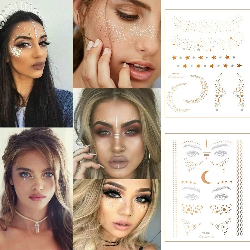 2021 New Gold Face Temporary Tattoo Waterproof Blocked Freckles Makeup Stickers Eye Decal Wholesale Fake Tattoo