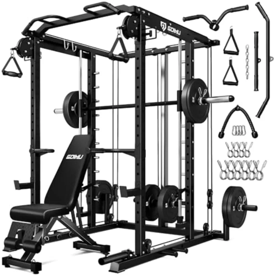 

Home gym strength training equipment: steel, black, 2000LBS all-in-one squat rack with Smith bar and cable crossover system