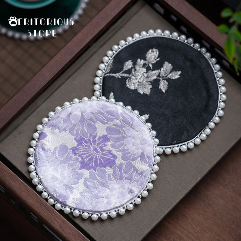 Chinese Brocade Coasters Beaded Tea Coaster Aesthetic Mat Cup Holder Zen Table Cloth Art Pot Mat Tea Ceremony Accessories Cups