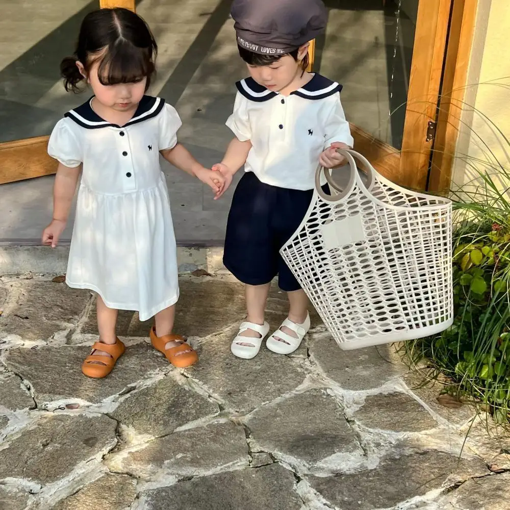 2024 Sailor Collar Preppy Style Girl Short Sleeves Dress Sister Matching Clothes Boy Fashion Tops Shorts Boutique Two Piece Sets