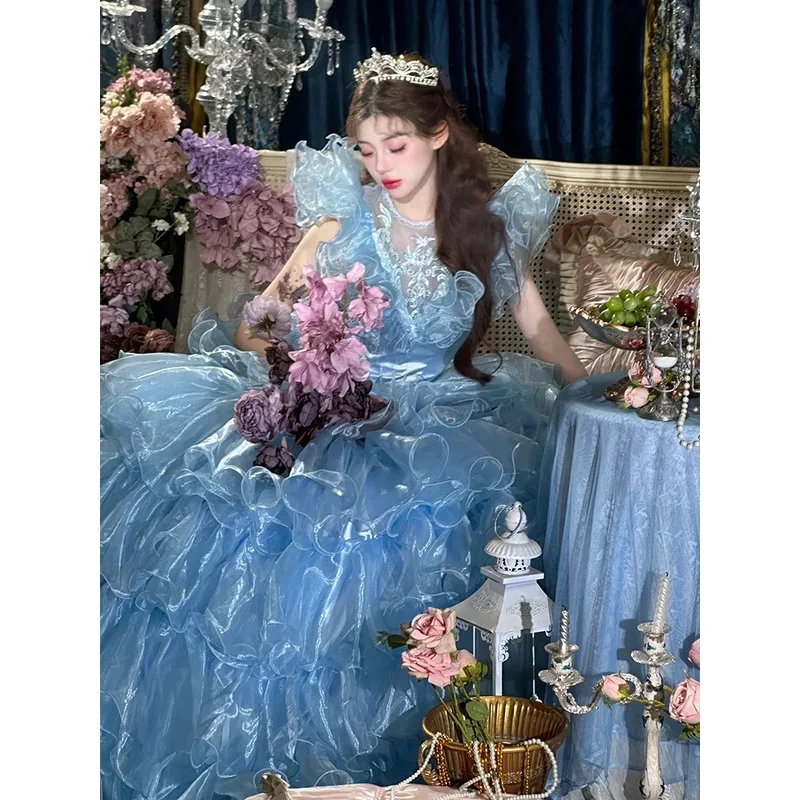 Милое синее свадебное платье Лолиты в стиле Лолиты, платья принцессы для дня рождения, женское шикарное платье с бантом из бисера и рюшами по краям, большое распашное платье для торта