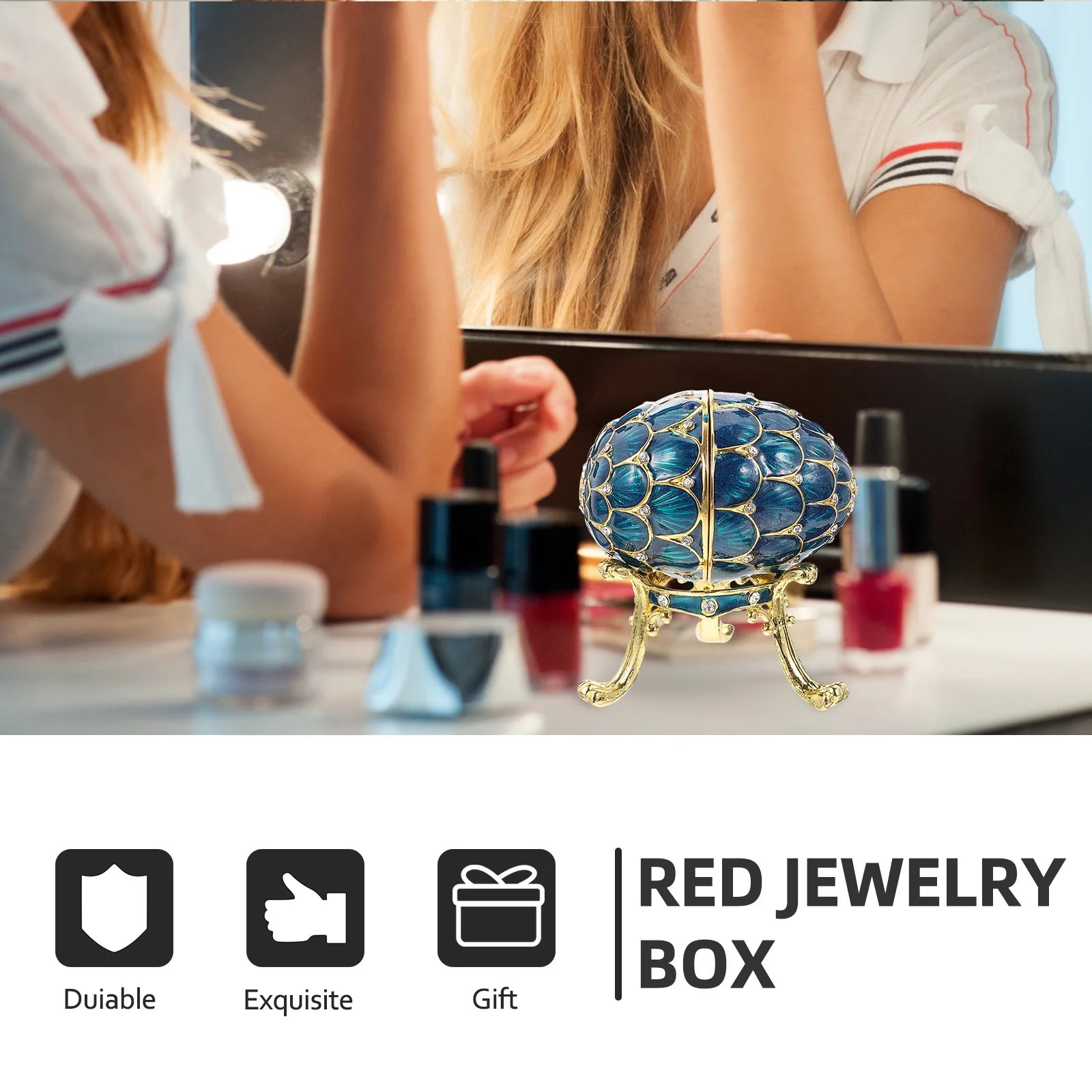 Egg Shaped Jewelry Box Alloy Trinket Case For Ring Necklace Storage Rhinestone Enameled Desktop Decor Organizer