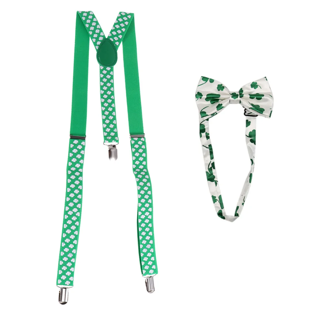 

2Pcs Party Suspenders Set Clover Bow Tie Shamrock Printing Dress Up Accessory Ideal for St Patricks Day Festival Party Photo