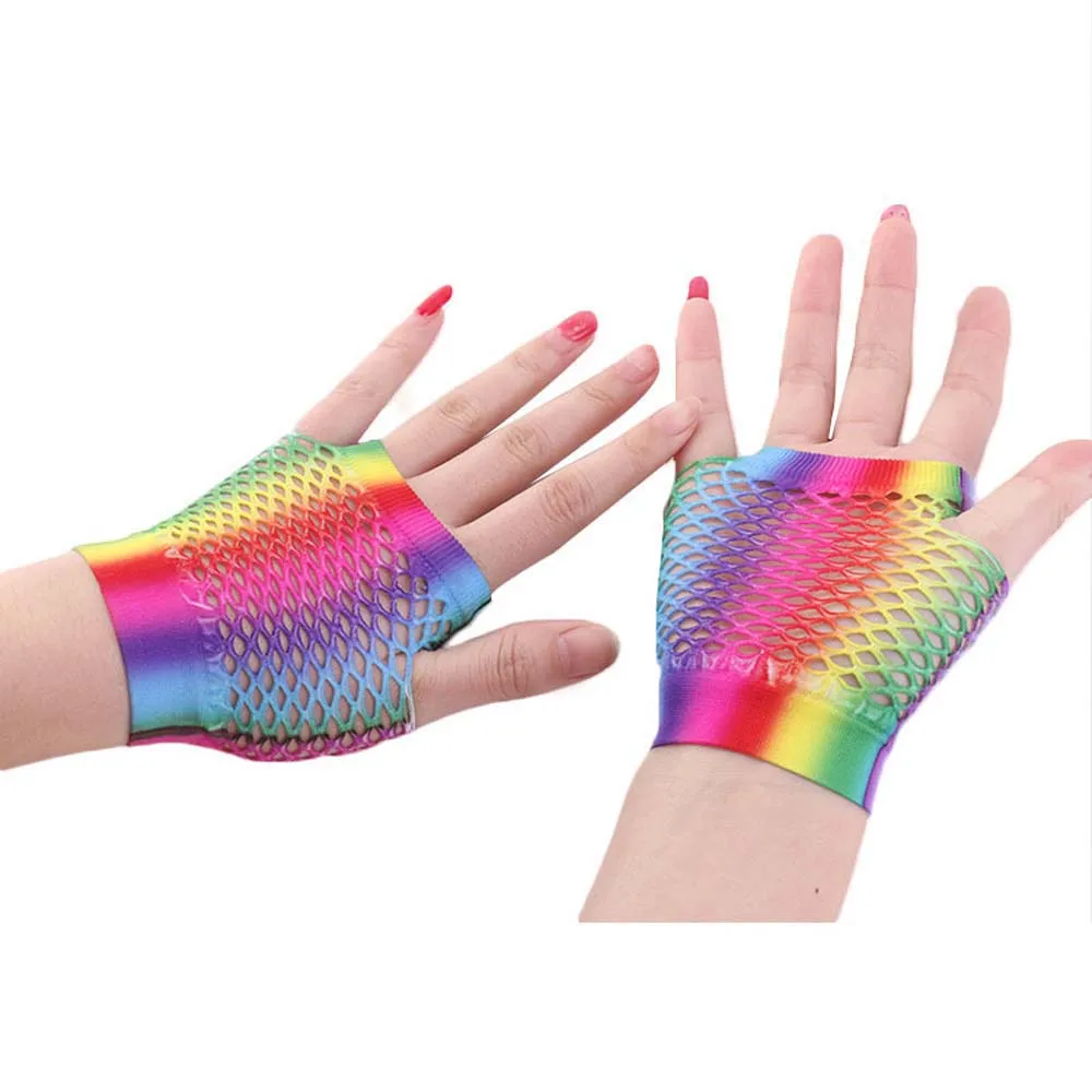 

Elasticity Fashion For Women Party Girl Short Half Finger Nylon Fishing Net Gloves Arm Sleeves Rainbow Color Gloves