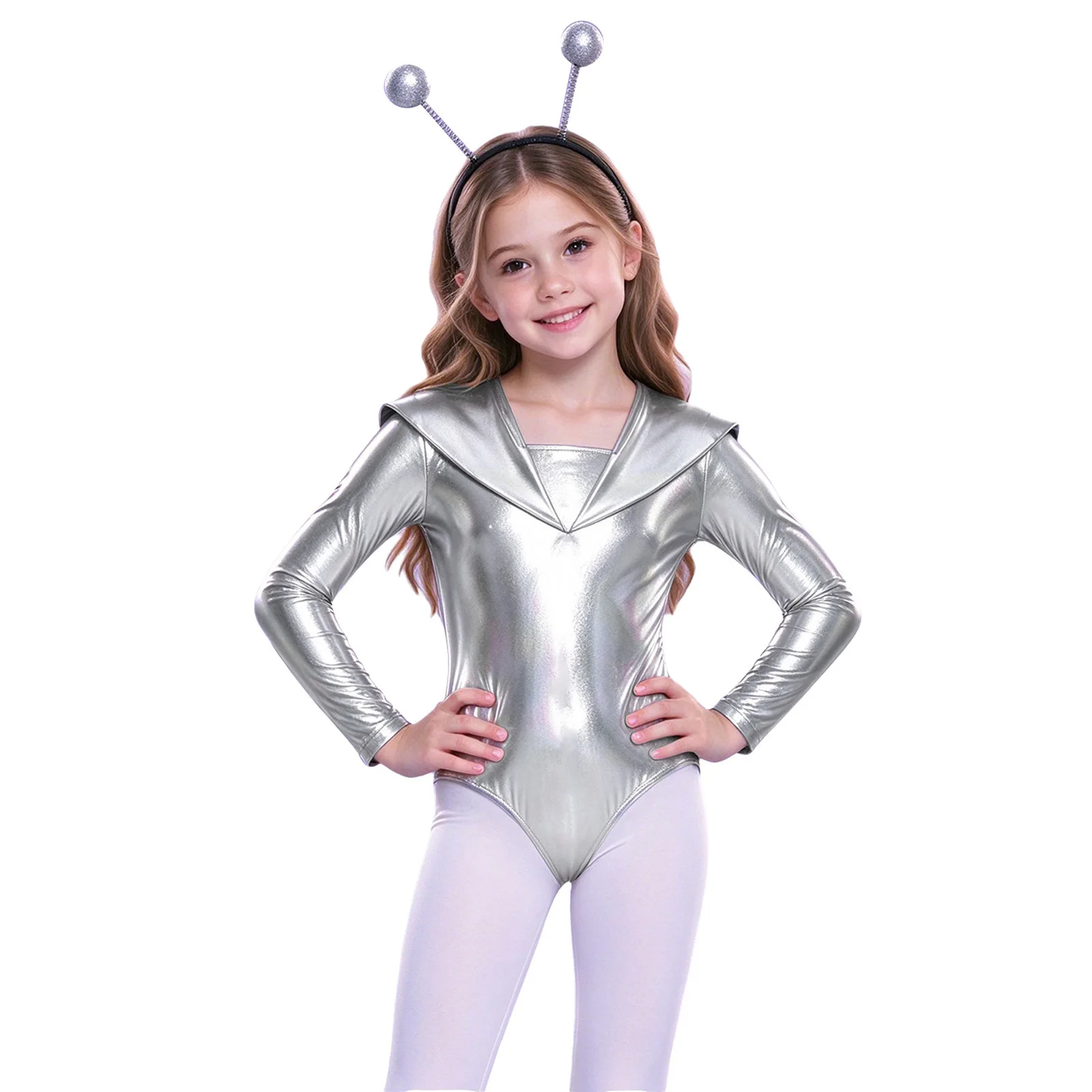 Girls Alien Costume Halloween Cosplay Outer Space Theme Party Dress Up Long Sleeve Cutout Back Metallic Leotard with Hair Hoop