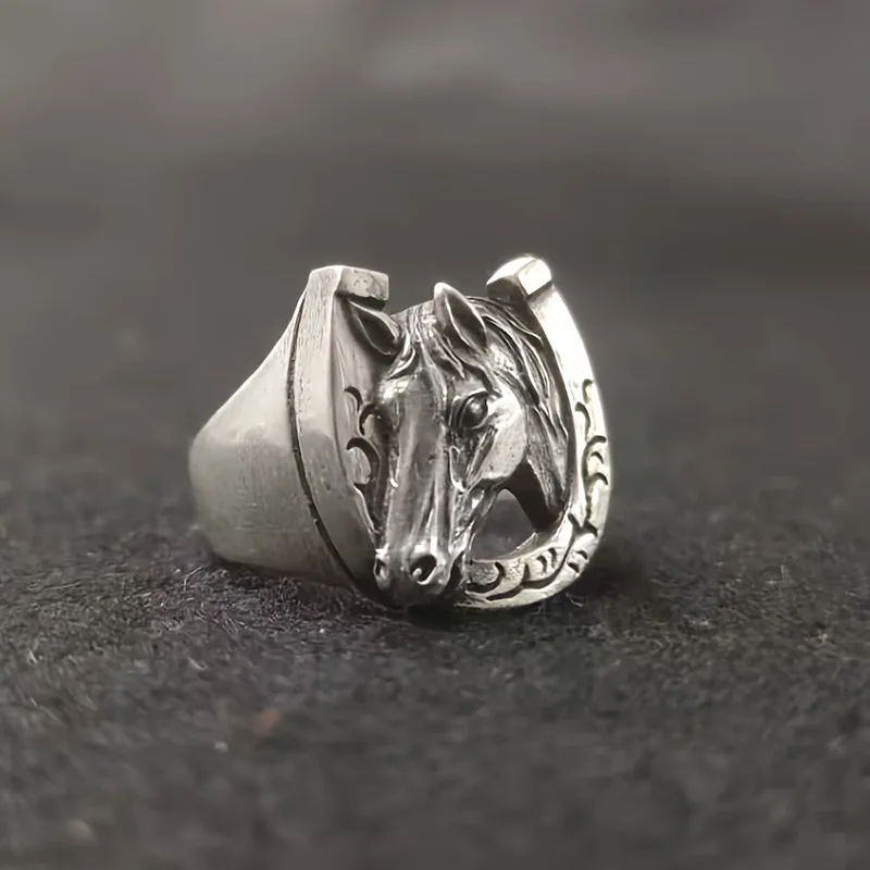 Silver Tang Grass Pattern Horseshoe Head Zodiac Ring Vintage Trendy Men's and Women's Niche Design Jewelry