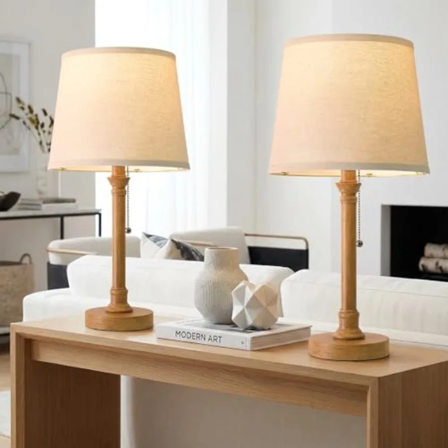 

Набор из 2-х настольных ламп 19,5 дюймов с выключателем на цепочке, прикроватные металлические лампы, современные лампы для тумбочки с льняным абажуром, в деревенском стиле