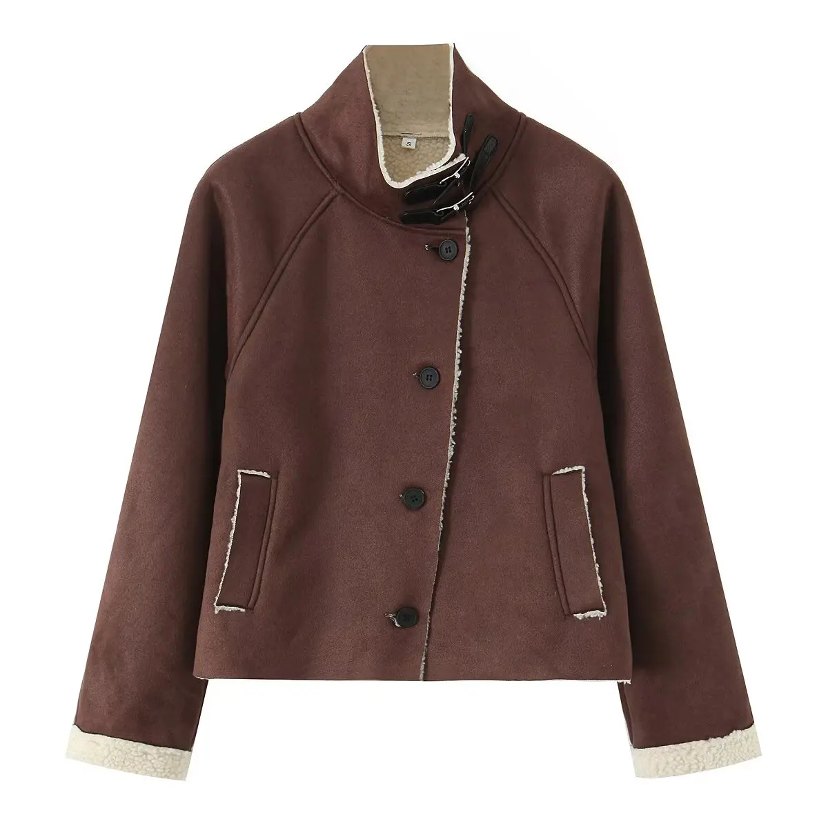 เสื้อแจ็คเก็ตผู้หญิงแฟชั่นสไตล์ยุโรปและอเมริกา ประจำปี 2025 รุ่นใหม่สำหรับฤดูหนาว ทำจากหนังกลับ คอสูง แขนยาว สไตล์เรโทร เสื้อคลุมตัวนอก