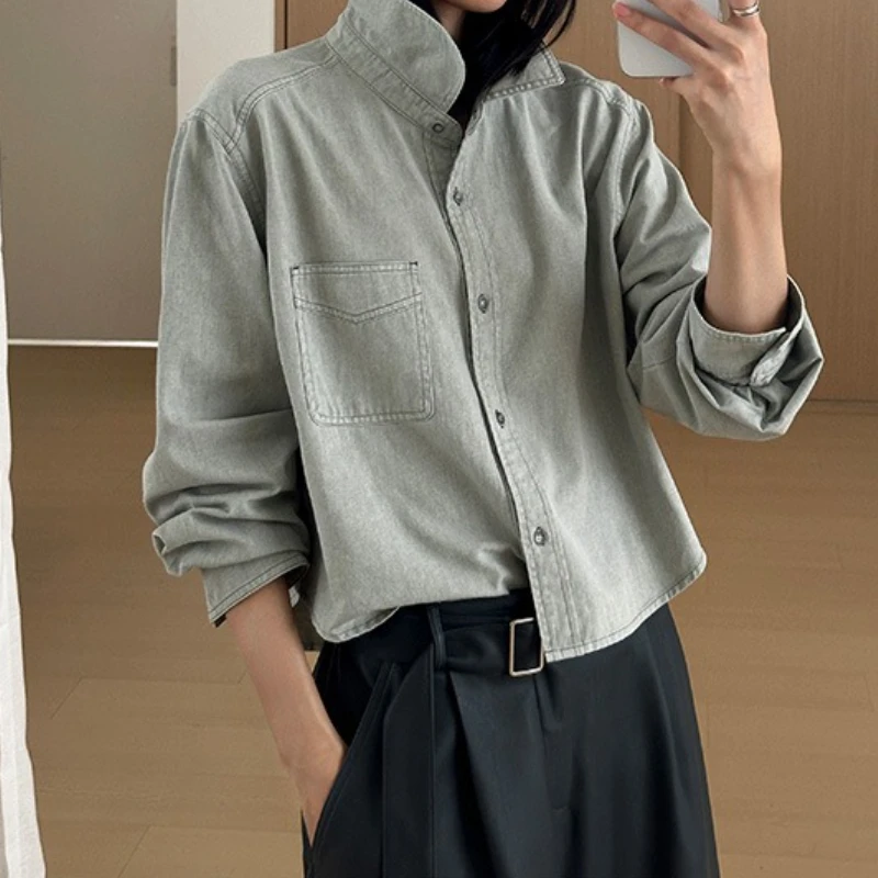 

Vintage Cropped Shirt Women's Autumn New Contrasting Shawl Versatile PU Leather Long-sleeved Pullover Shirt
