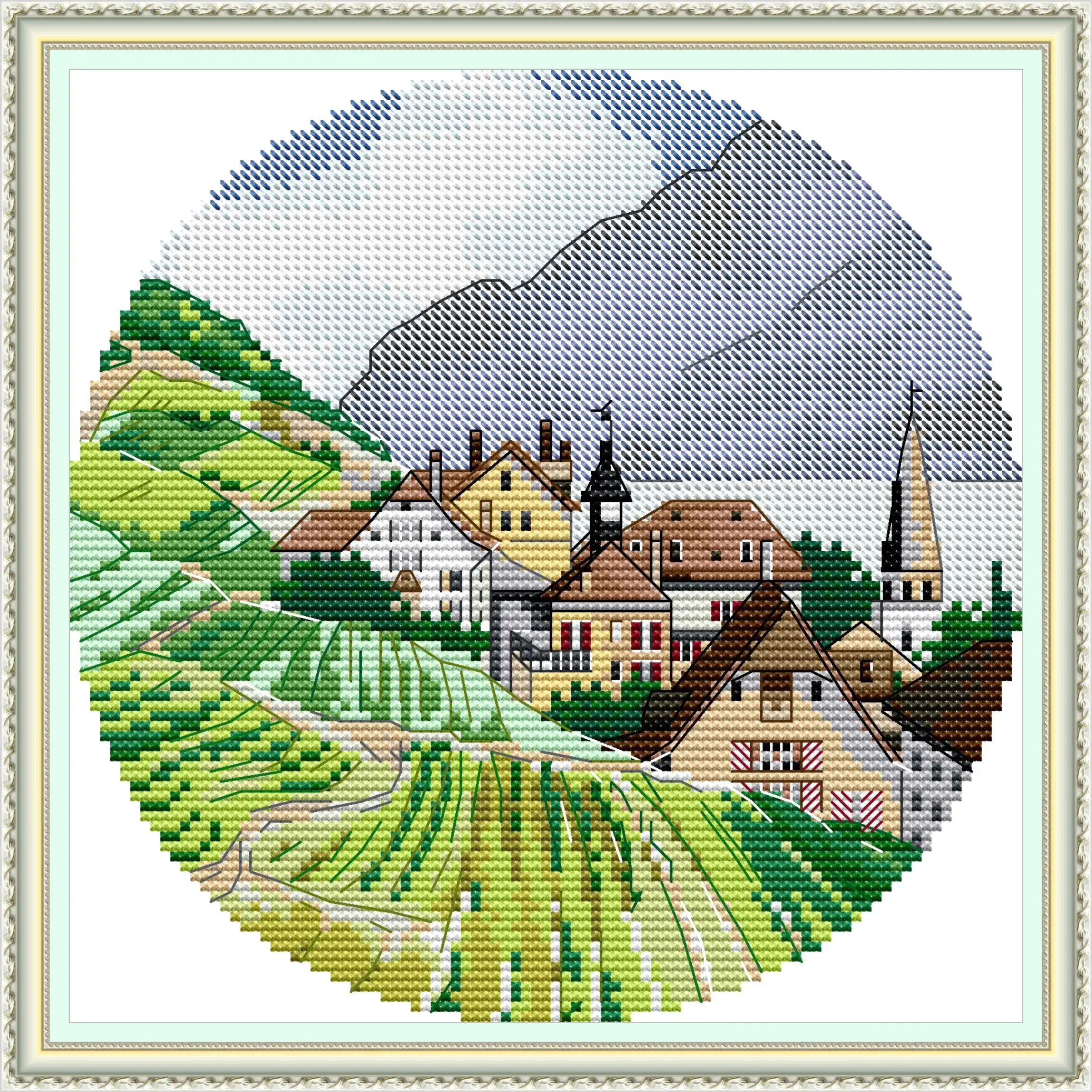 

Soulgift News Pre-Printed Cross Stitch Kit, Stamped Aida Fabric with DMC Threads, Embroidery kit - Alpine Scenery