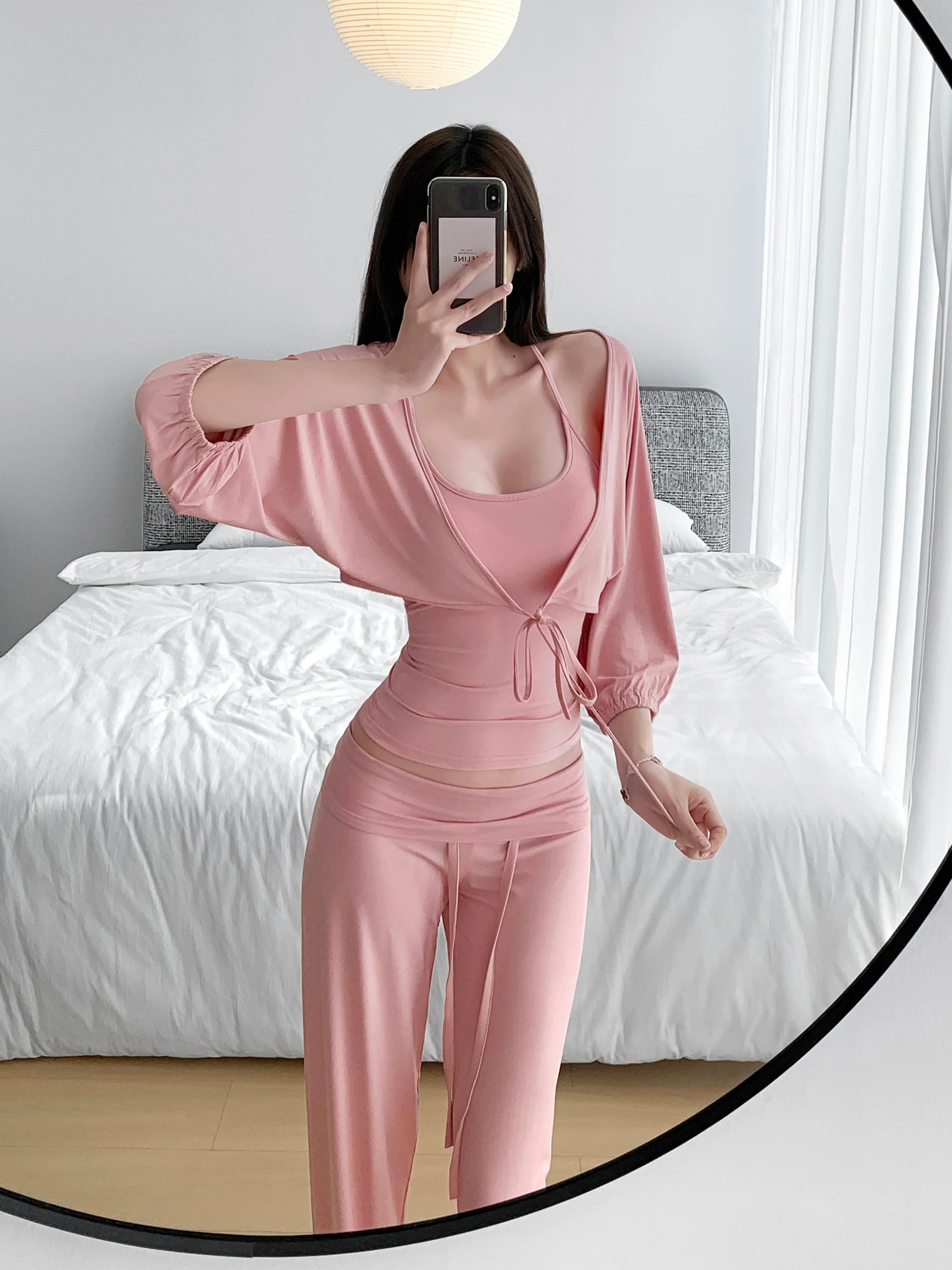 Zhang Zi  Women's Summer Three-Piece Set Lantern Sleeve Open Cardigan Halter Neck Home Wear Long Sleeve Top Wide Leg Pants