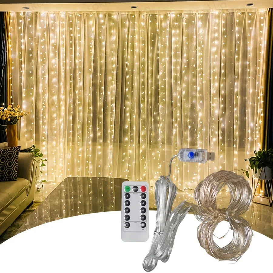3x1/3x2/3x3m عيد الميلاد USB الستار سلسلة الجنية أضواء 8 وضع 3M LED جارلاند عن بعد للحزب حديقة ديكورات منزلية لحفل الزفاف