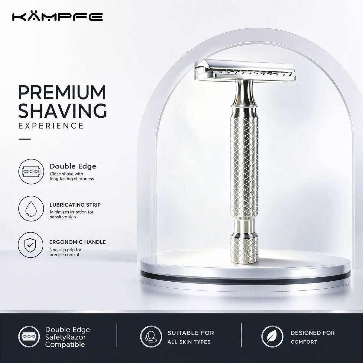 KAMPFE 316L Stainless Steel Safety Razor Double Edge Manual Razor CNC Precision Machined Handle Smooth Shaving  for Men