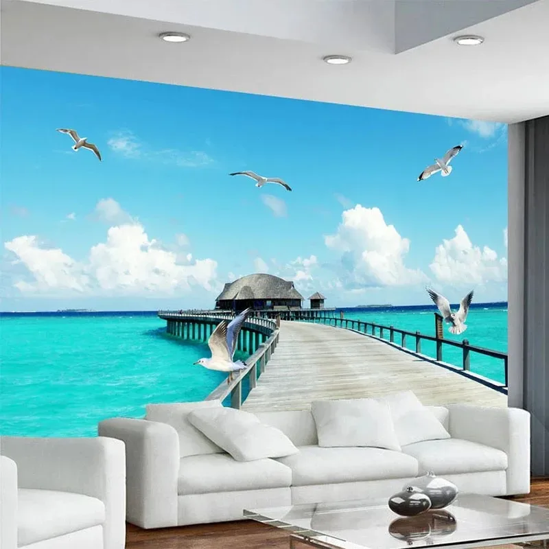 Custom 3D Mural Modern Seascape Wooden Bridge Seabird Wallpaper sticker for wardrobe Restaurant Background Home Decor Painting