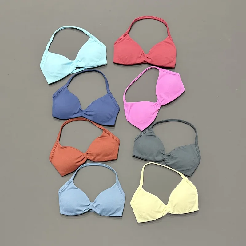 HISTELLO Sports Bra Women Seamless Halter High Support Push Up Padded Bust Shaping Slim Fit Yoga Gym Running Workout Tops