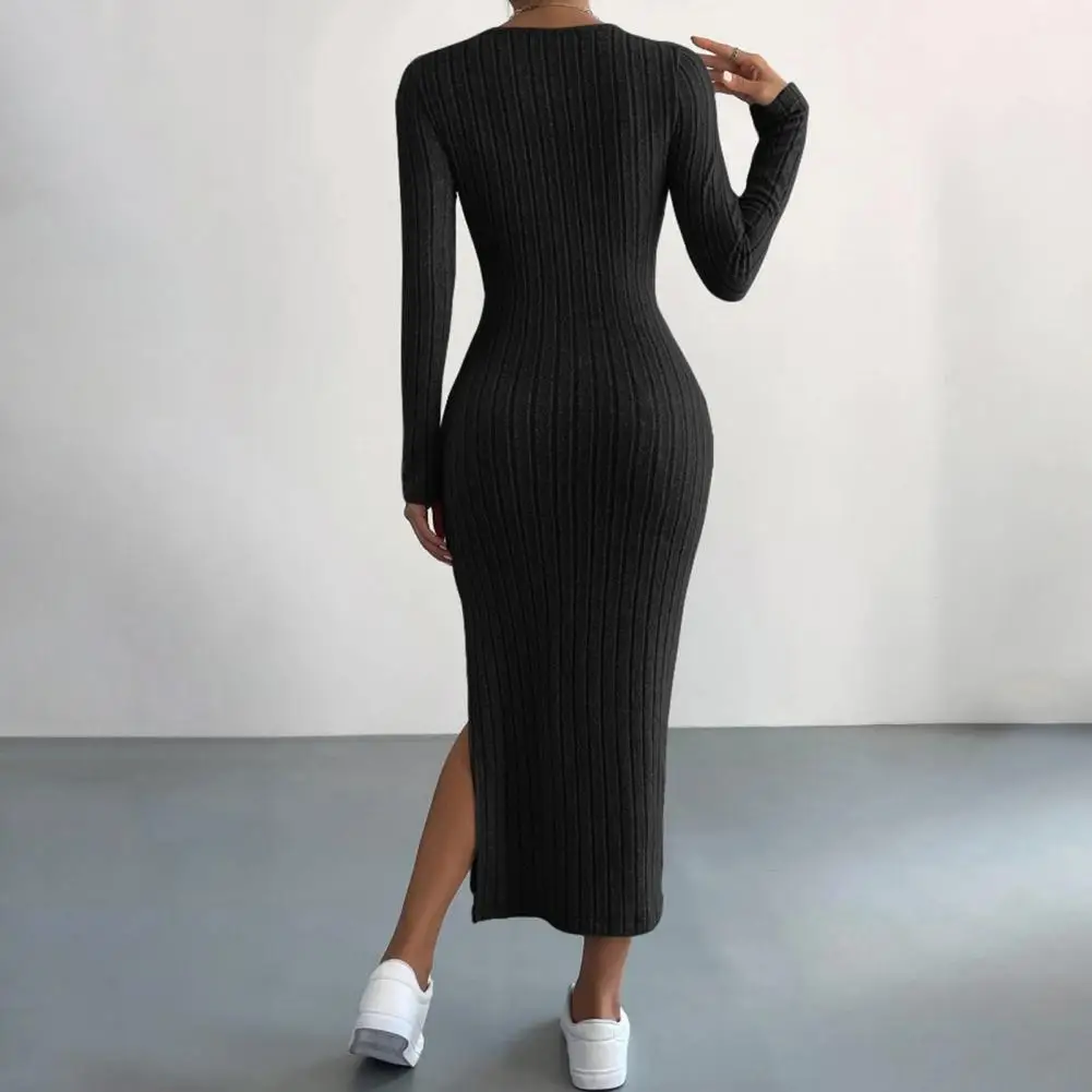 Elegant Long Sleeve Dress Striped Solid Color Knitted Midi Dress with Slim Fit Long Sleeve for Fall Winter Women's Fashion Slit