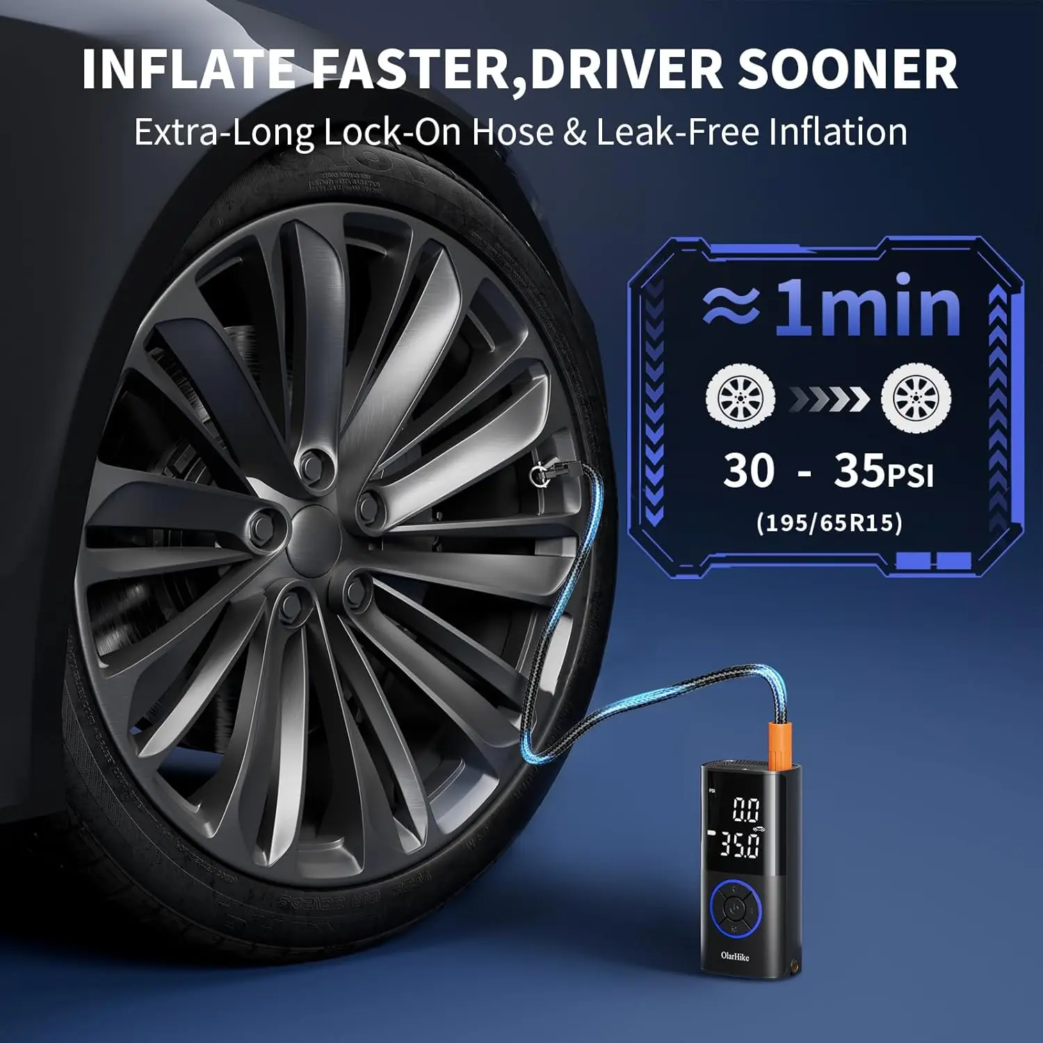 منفاخ إطارات محمول، ضاغط هواء ذكي 160 رطل لكل بوصة مربعة مع خرطوم مزدوج، ضوء LED ومقياس رقمي للسيارة والدراجة النارية