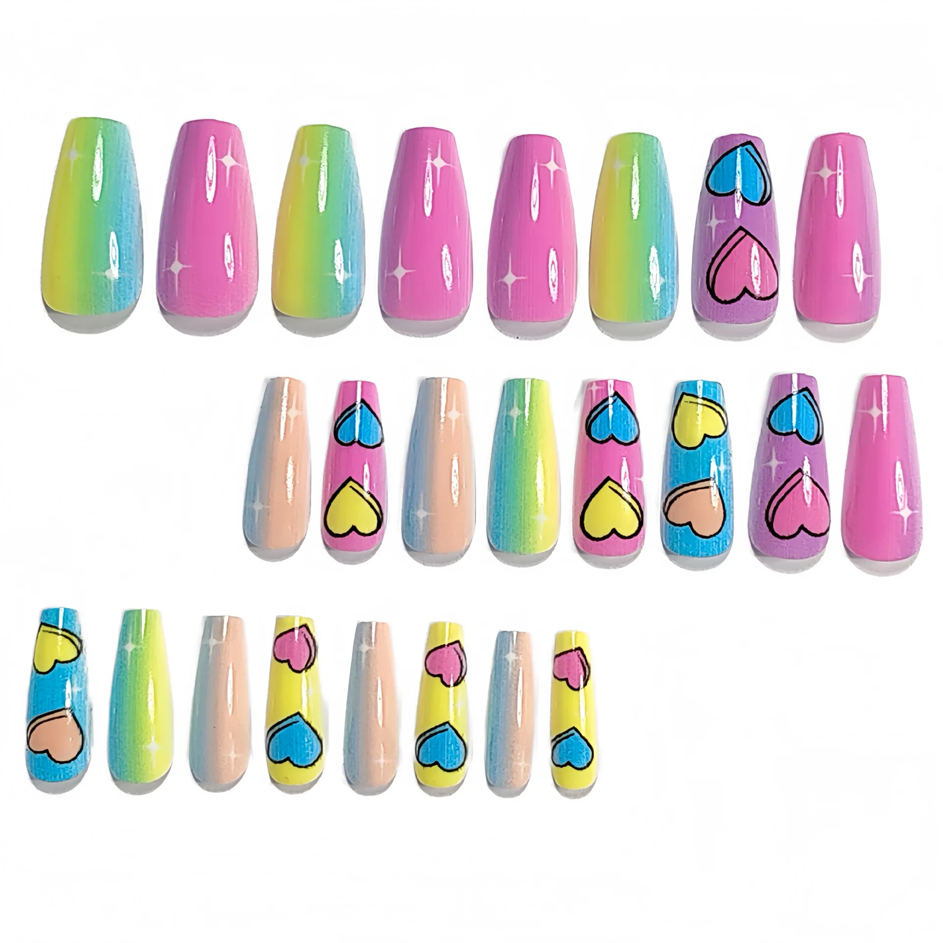 Unghie finte corte medie sfumate viola giallo verde Macaron simpatico cuore Punte per unghie quadrate per San Valentino stampa sulle unghie artistiche