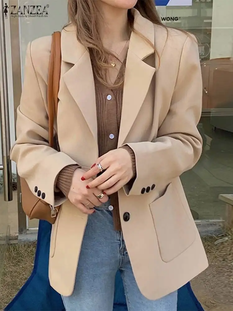 

ZANZEA Women Office Work Blazer Suits Elegant Lapel Neck Long Sleeve Outwear Autumn Fashion Solid Loose Jackets Oversize Coats