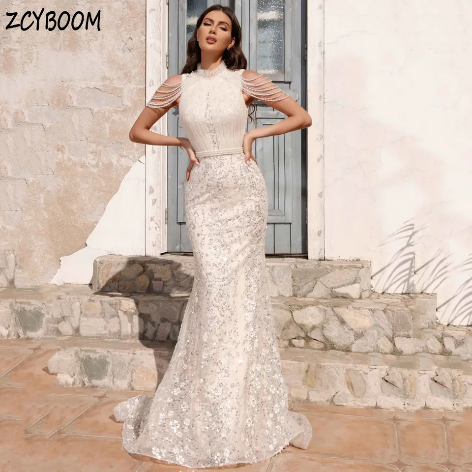 

Charming High-Neck Sleeveless Flowers Sequin Evening Dress 2025 Mermaid Floor Length Sweep Train Custom Made Zipper Prom Dress