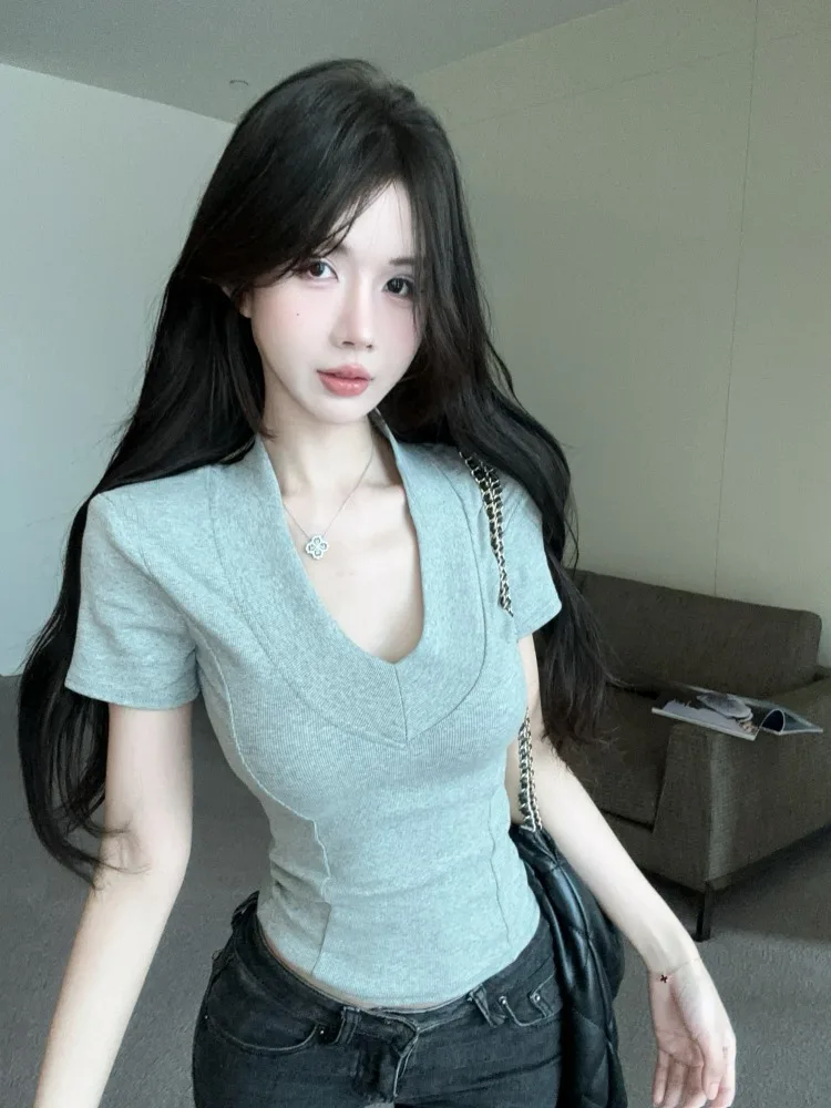 

Unique Sexy Short V-Neck Top Women's Summer Fashion Fishbone Pad Shoulder Short Sleeve T-Shirt Pure Desire Beautiful Inner Wear