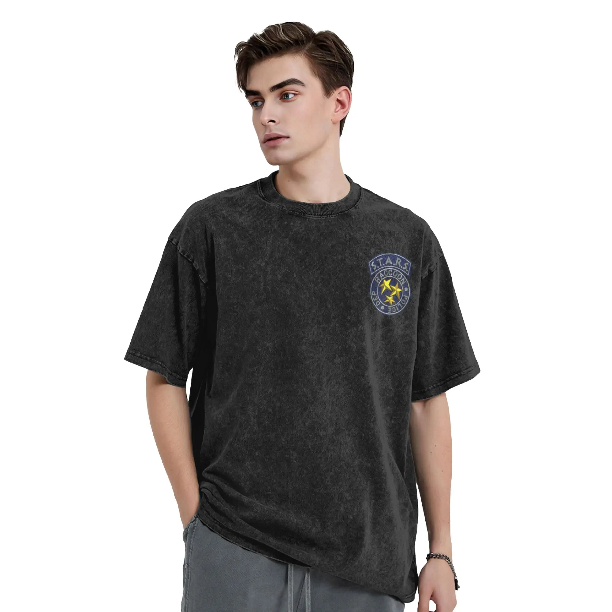 Washed T Shirt STARS Raccoon Police Department R.P.D.  T-Shirts Street RPD  Streetwear Short Sleeve Printed Tops Tees Men Women