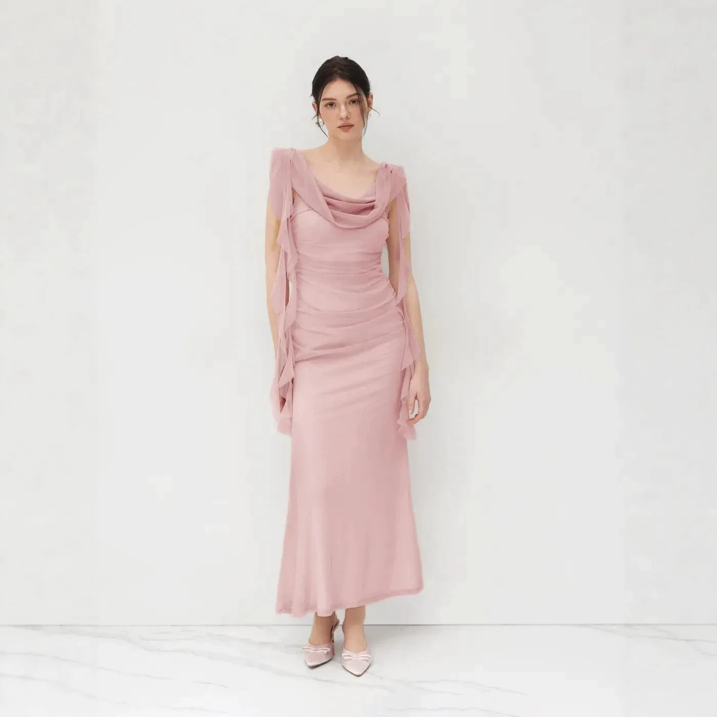 Elegant Maxi Dress Ruffle Cowl Neck Wedding Guest Chiffon Overlay Evening Party Dress Sheer Flounce Sleeves Open Back