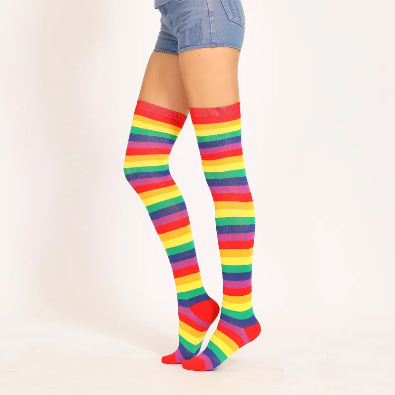 Women Girls Over Knee Long Stripe Printed Thigh High Cotton Socks Sweet Rainbow Stockings Cosplay Costume Lolita Long Socks