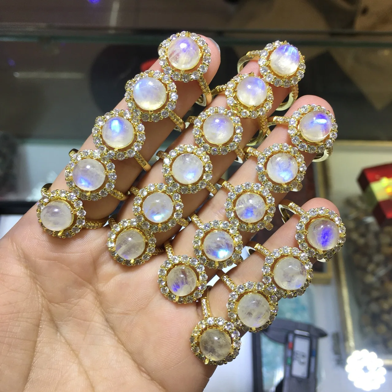 Wholesale 10pcs/lot Natural Rainbow Moonstone Rings,8mm Round Gem Ring,Semi-Precious Gemstone Jewlery Finger Rings,Adjustable