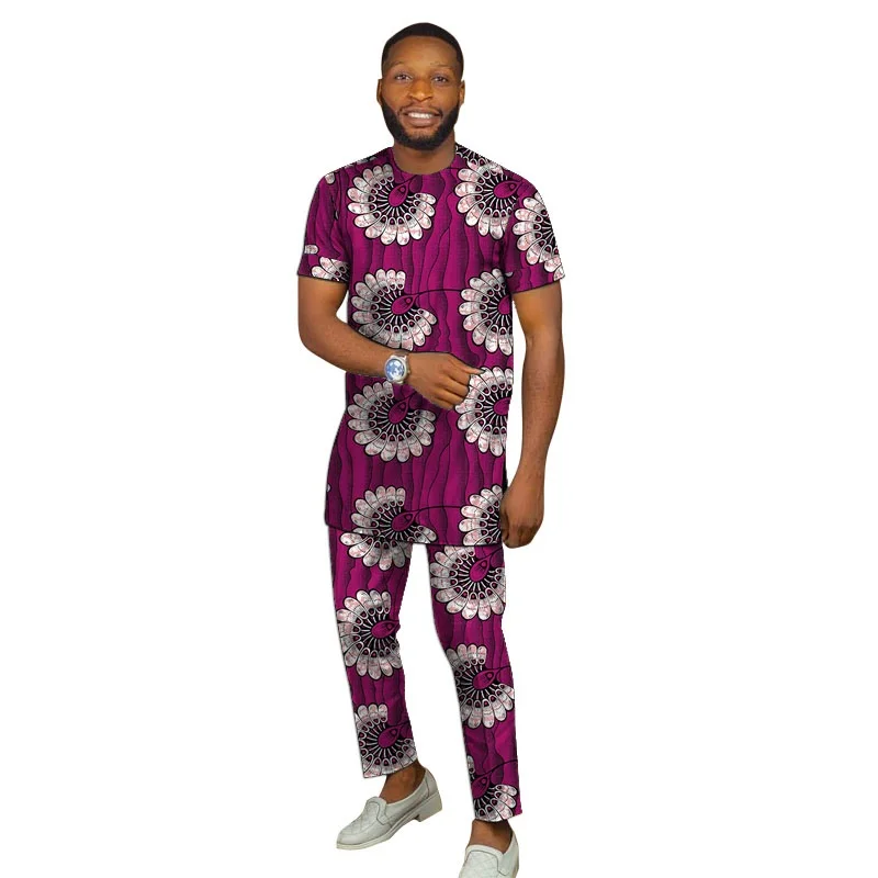 African Print Men\'s Set Short Sleeve Tops With Pant Nigerian Fashion Wax Male Wedding Party Garments