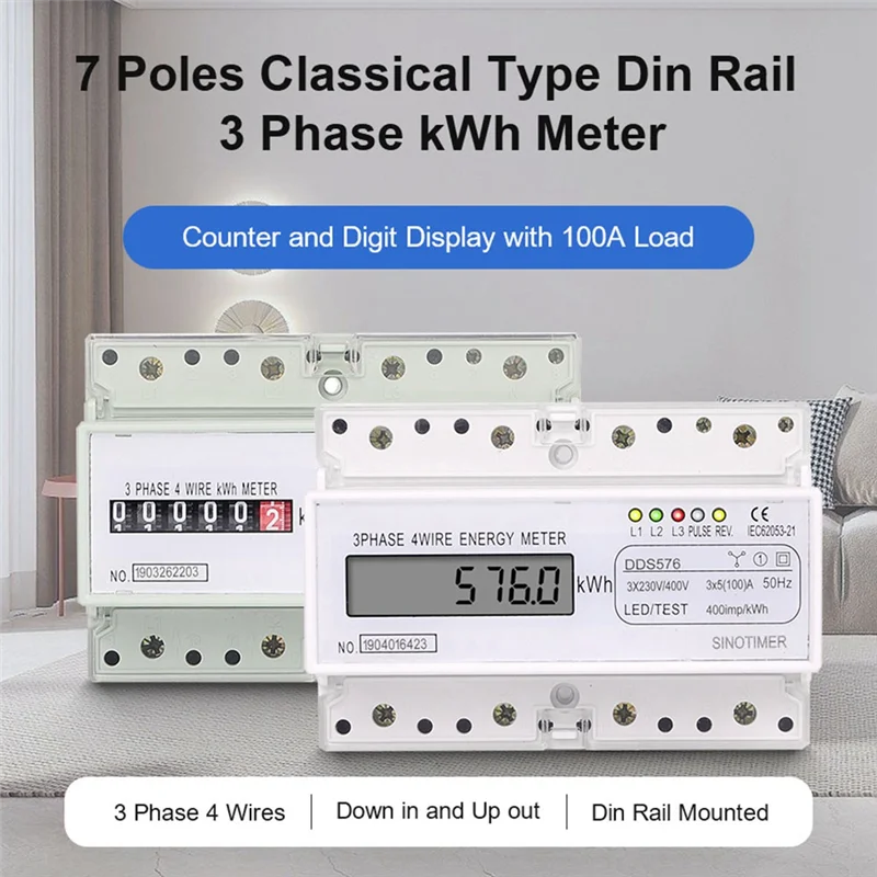 Three Phase 4 Wires Digital Power Electric Electricity Meter KWh Power Consumption Monitor DIN Rail Mount AC 380V 400V B