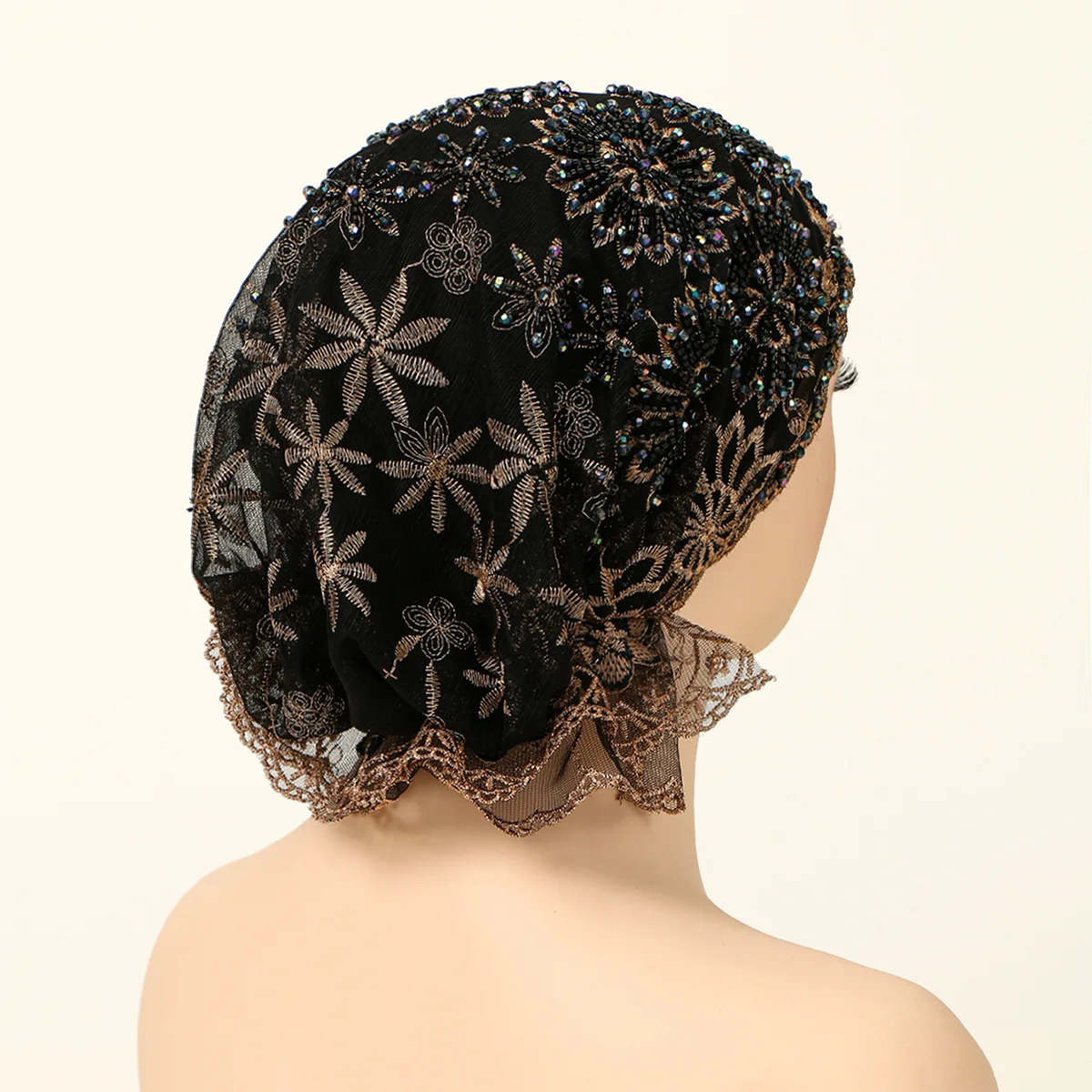 

Muslim Lace Hat Chemo Caps Mesh Fabric Bead Turban Diamond Thread Embroidered Bonnet Hat For Dubai Arabian Women Turbante Mujer