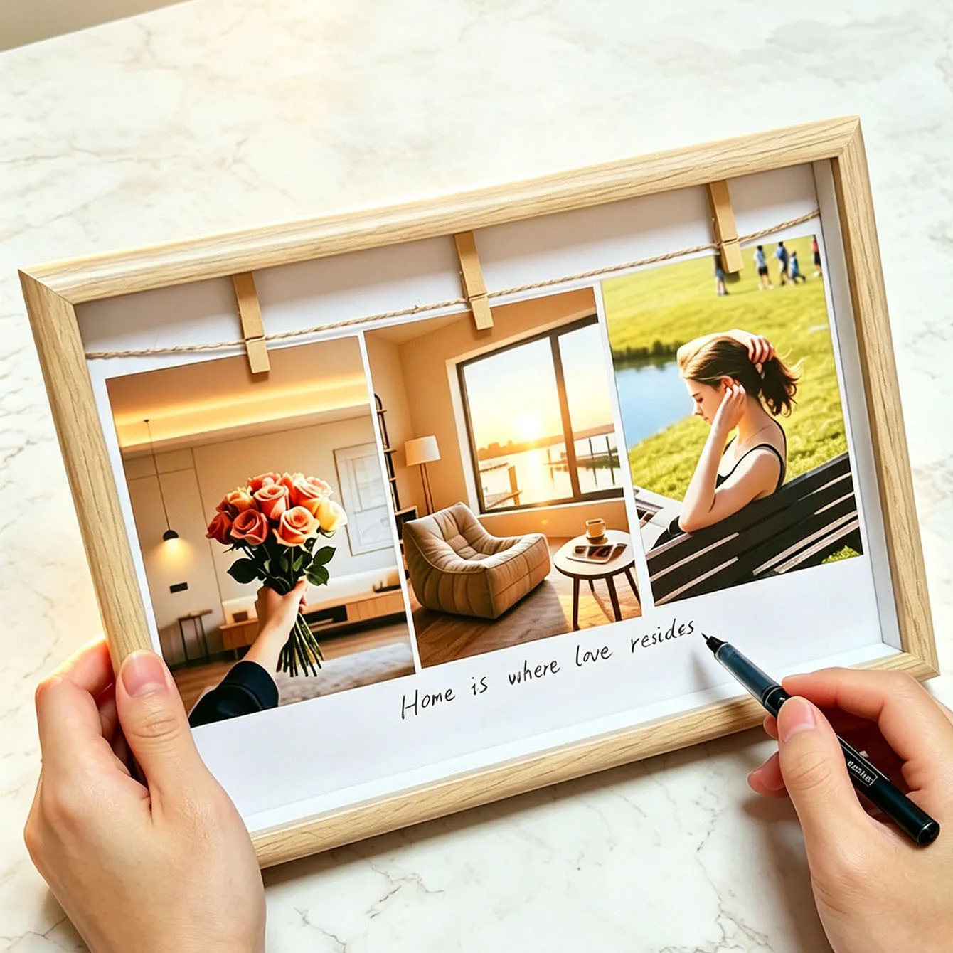 Wooden Photo Frame with 3 Clips, DIY Handwriting Picture Frame for 4/5 Inch Photos, Home Decor & Personalized Commemorative Gift