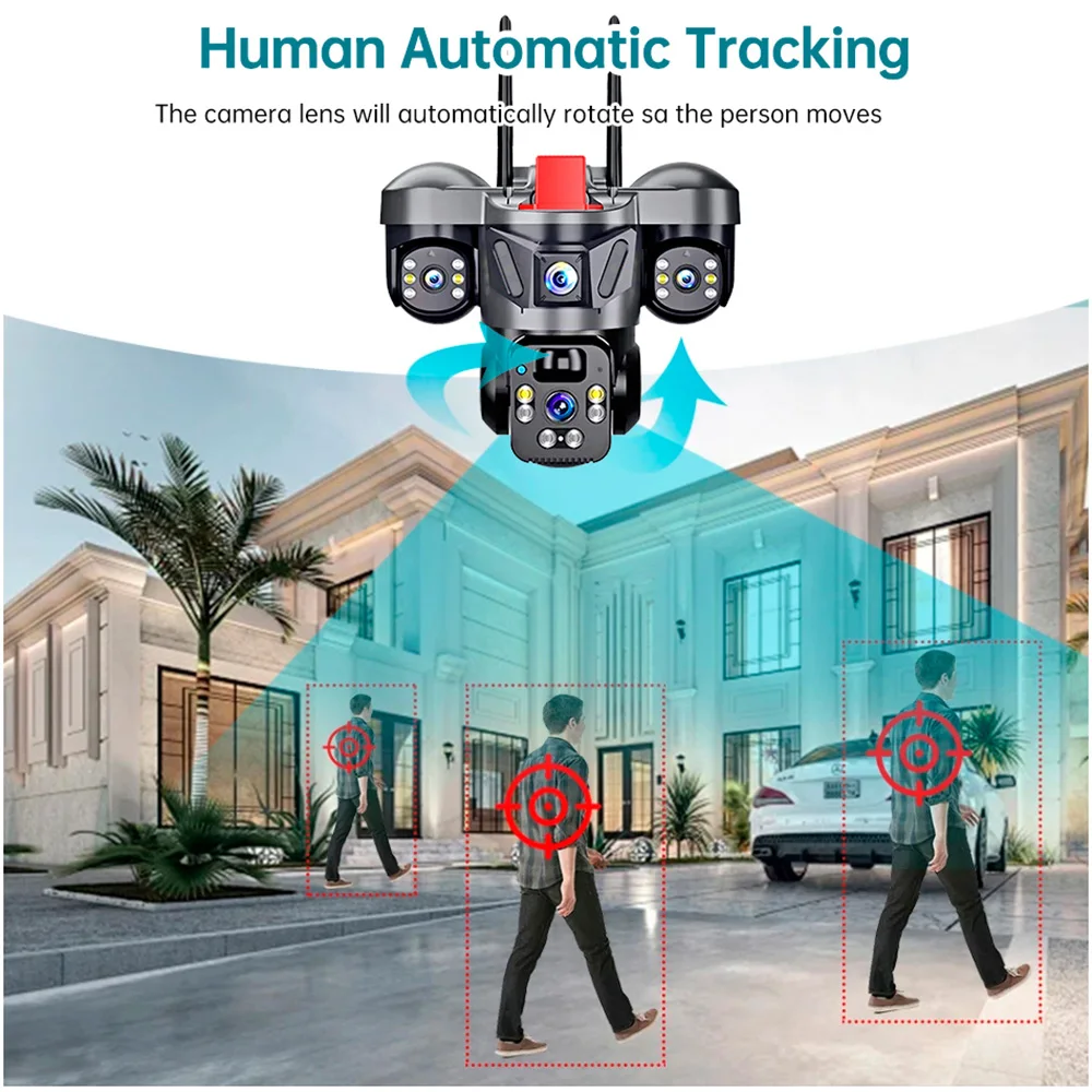 FUERS Telecamera solare V380 Pro 6MP 10X Zoom Tripla lente 4G Solar Outdoor Tre schermi PIR Motion Detection Telecamera CCTV di sicurezza