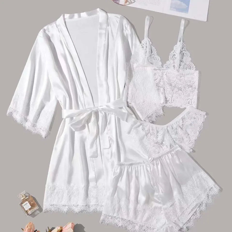 

Luxury 4-Piece Lace Loungewear Set - Camisole + Shorts/Pants + Kimono Robe | Women's Sexy Sleepwear Collection