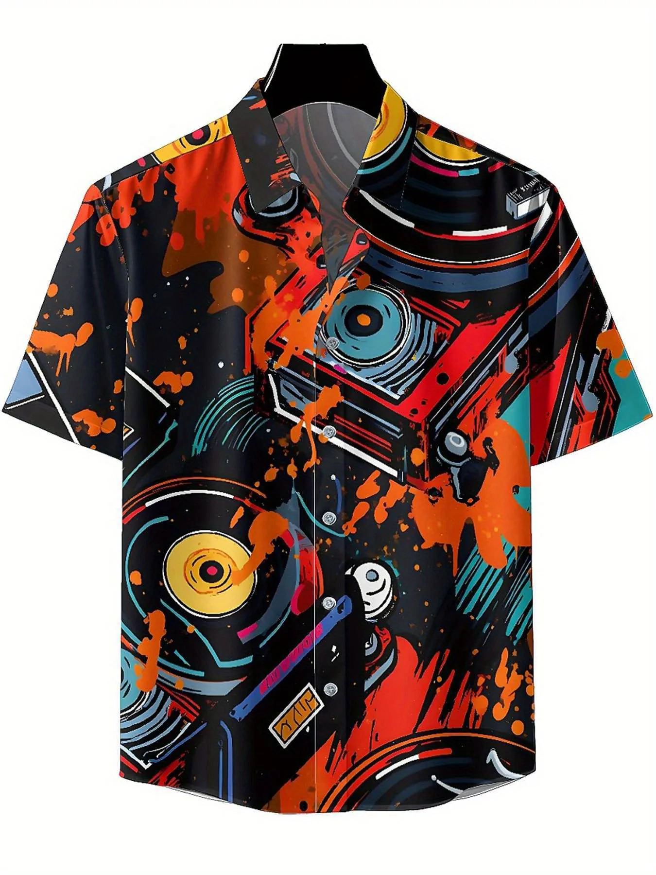 เสื้อฮาวายขนาดบวกของผู้ชายVINTAGE DJ Recordpattern,เสื้อผ้าเยาวชนความสบายระดับพรีเมียม,Streetwear Y2K Tops