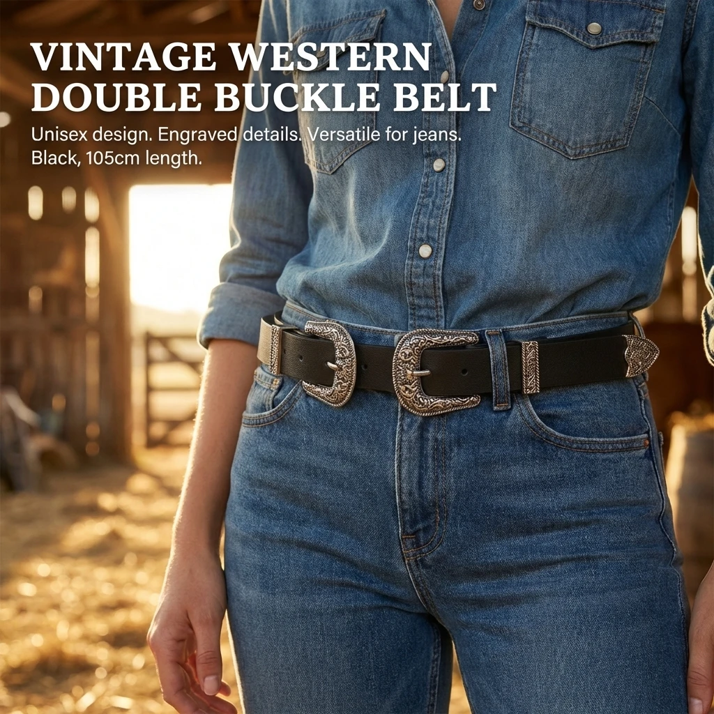 Retro Embossed Leather Belt Double Buckle Design Adjustable Versatile Casual Jeans Belt For Men And Women