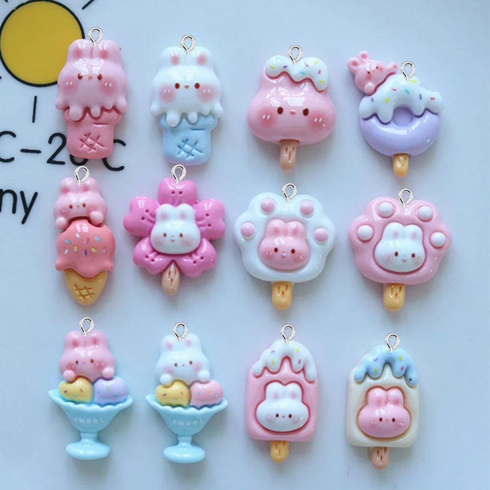 10PCS Shiny Rabbit Ice Cream Series Flat Back Charms For Earrings Bracelet Hairpin DIY Jewelry Pendants Decoration Accessories