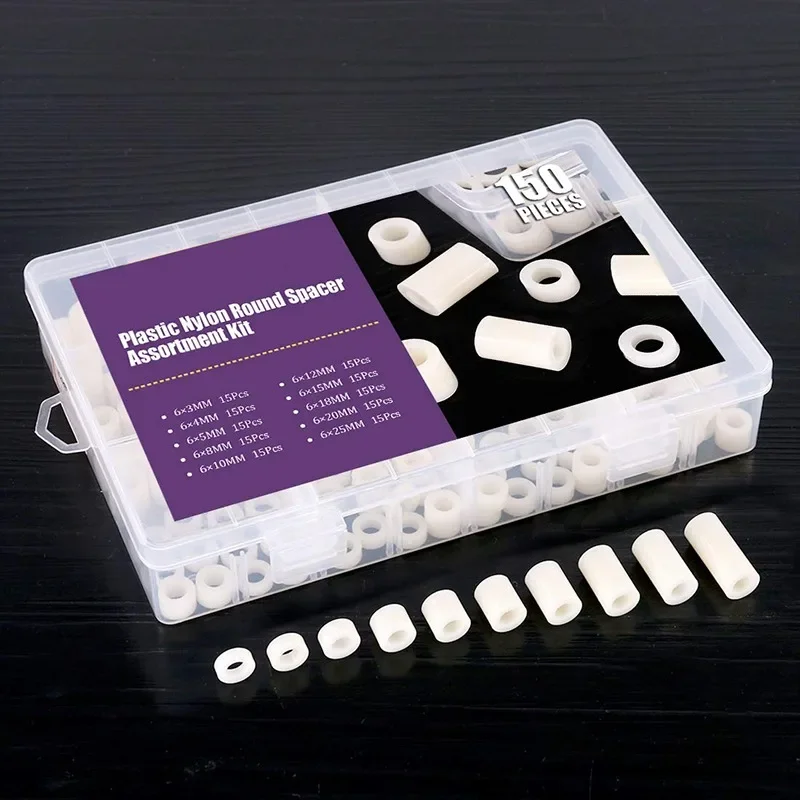 150Pcs Nylon Round Spacer Standoff Screw Nut Assortment Kit PA66 Plastic Standoff 3/4/5/8/10/12/15/18/20/25mm for M6 Screws